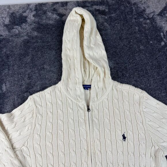 Vtg Ralph Lauren Cable Knit Hooded Full Zip Cream Women's XL Jacket *Read - Picture 2 of 12